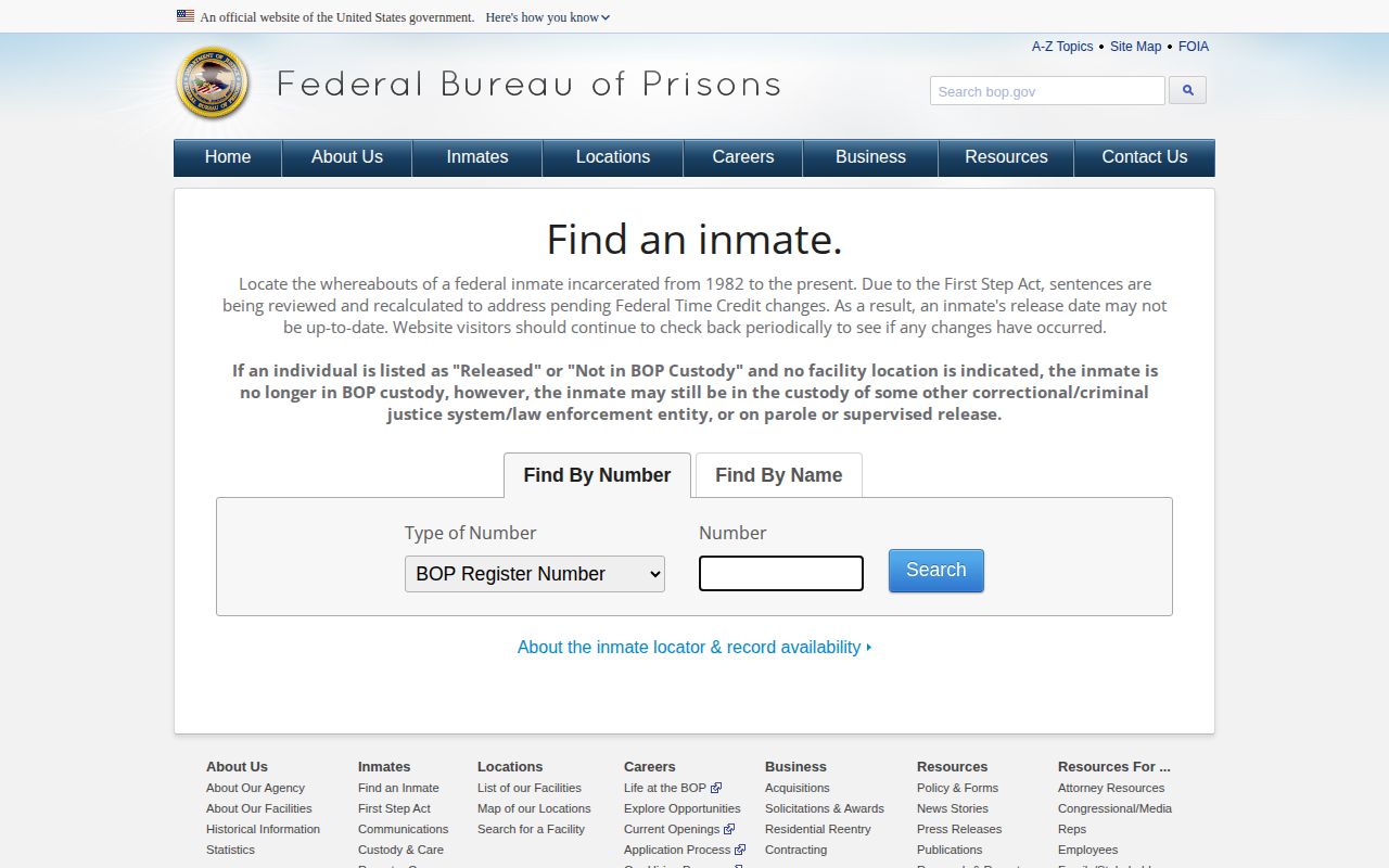 BOP locator fields for a Howard County federal release search