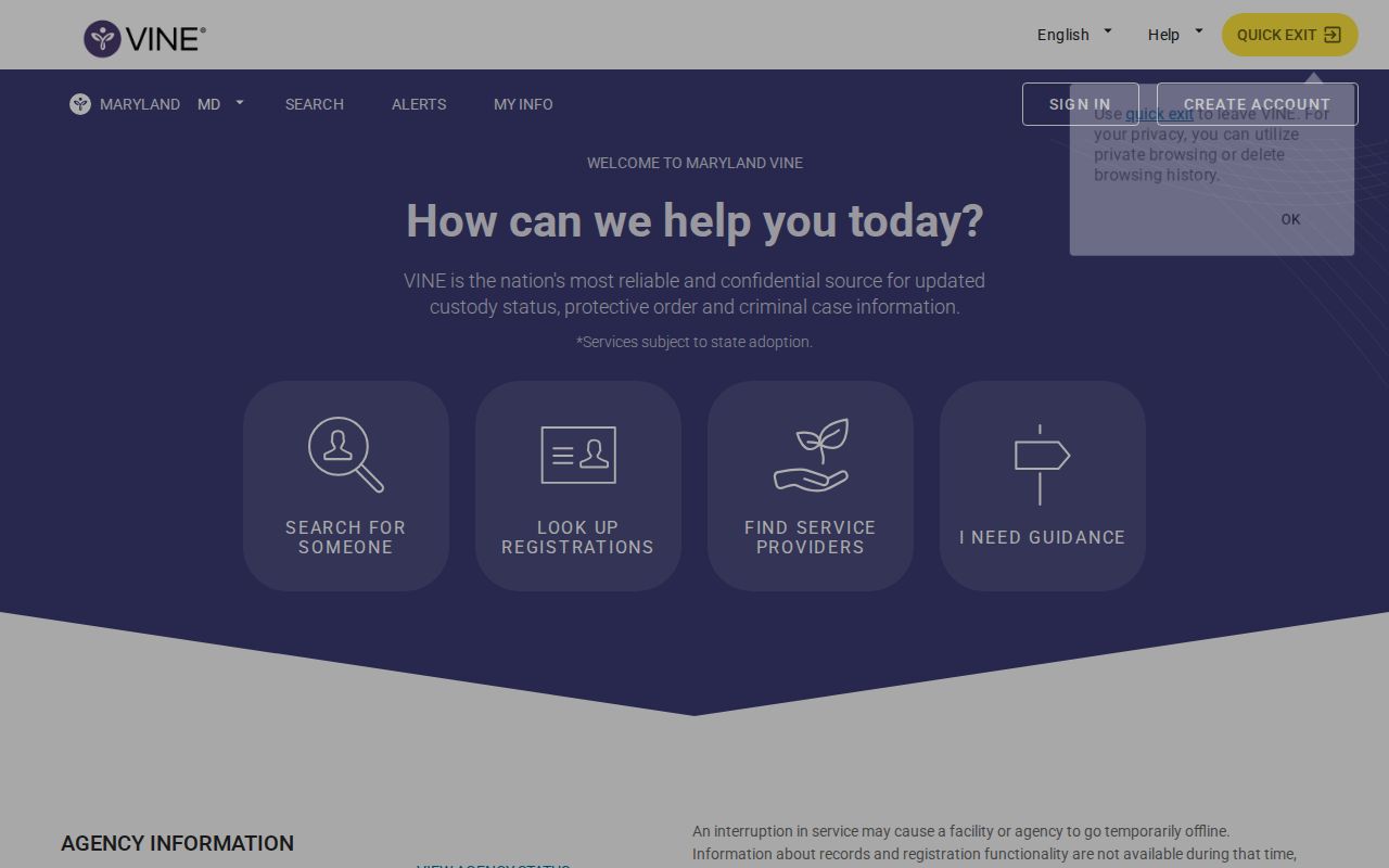 Howard County VINE inmate check search and notification interface