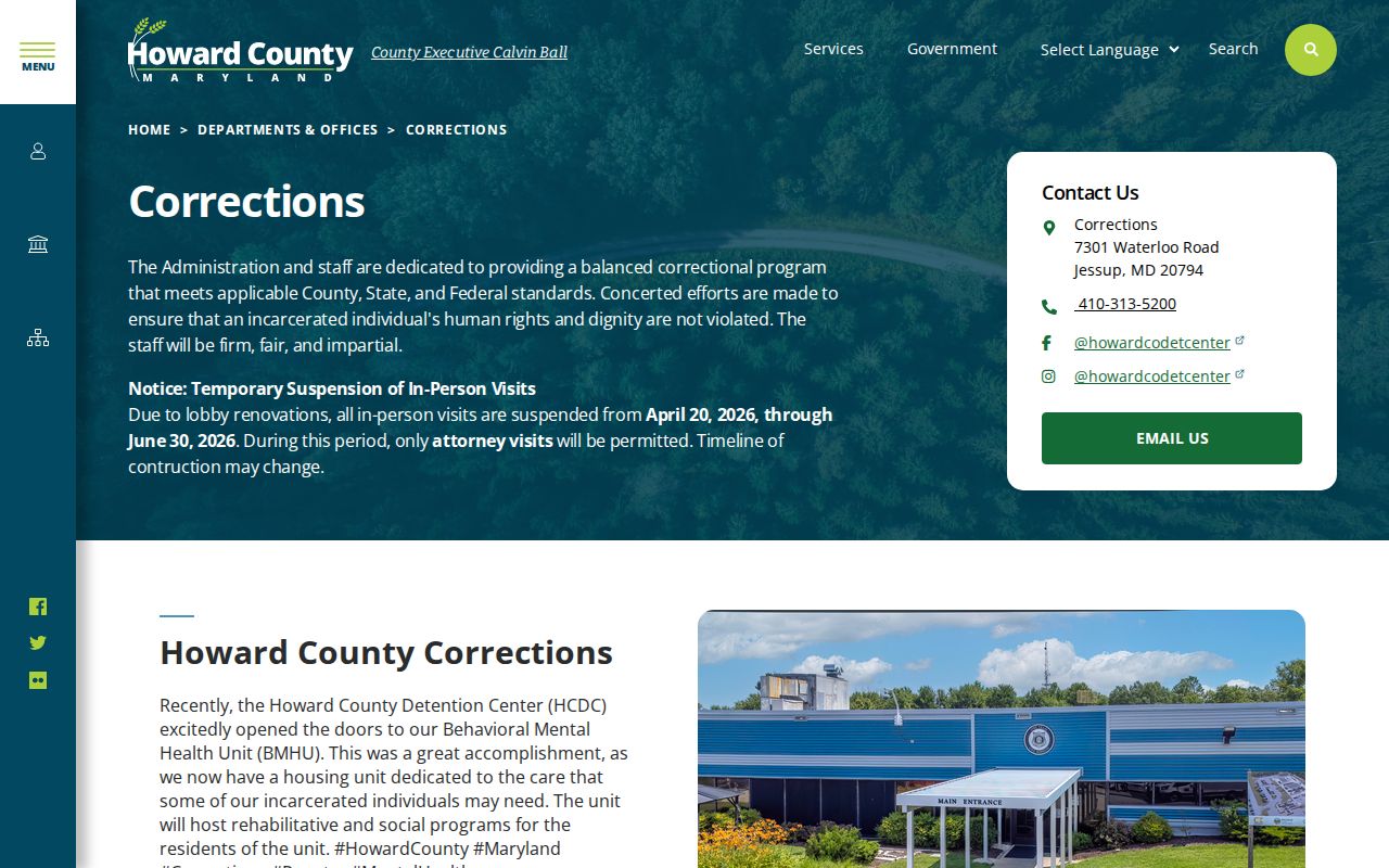 Howard County Central Booking release records and Corrections department page